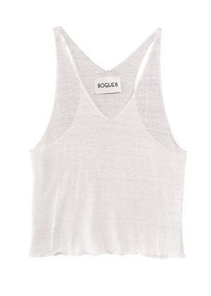 A white, sleeveless, halter neck top with a V-neck front and open halter back, with a visible brand tag on the neckline.