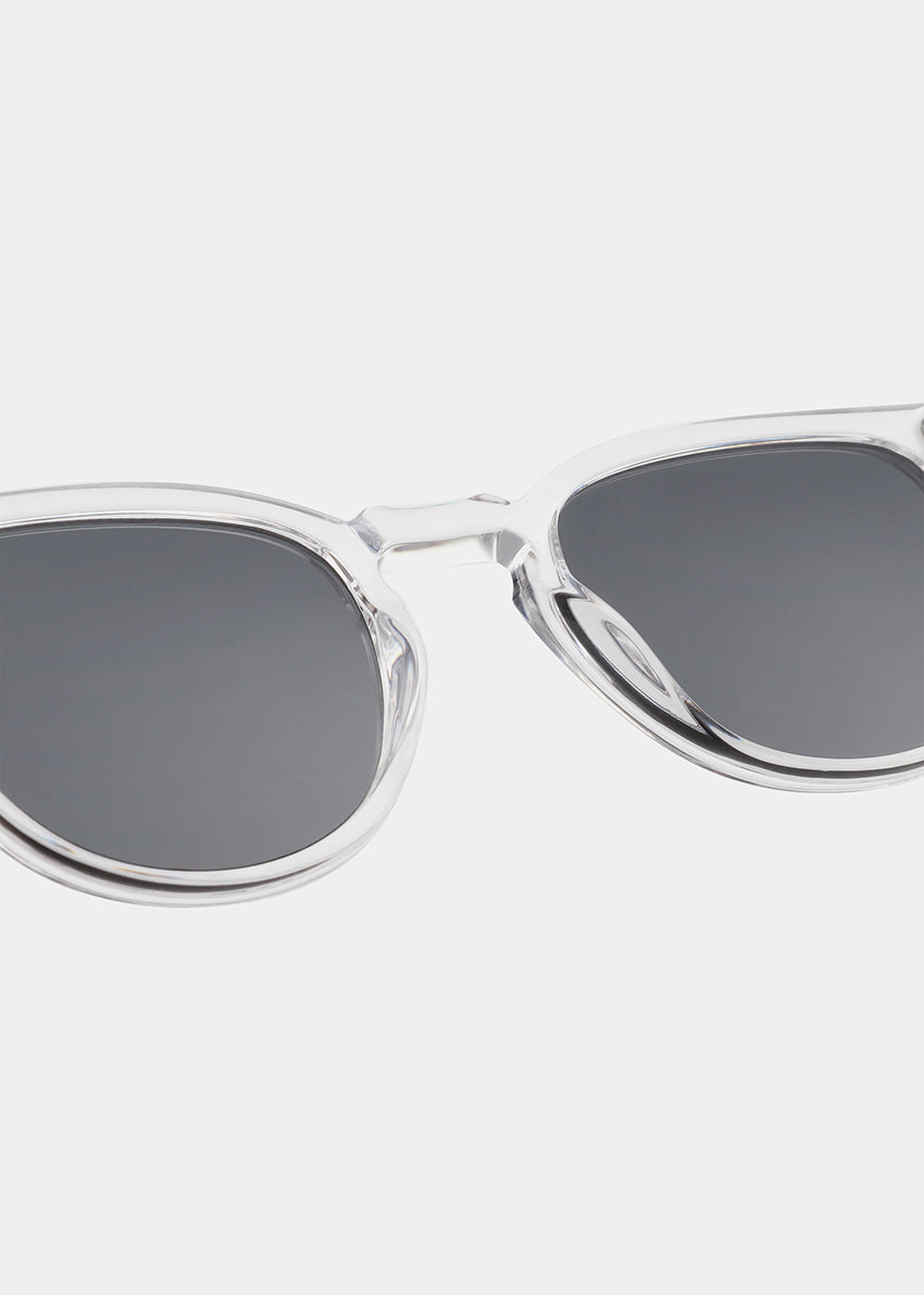 Clear frame sunglasses with dark lenses on a white background