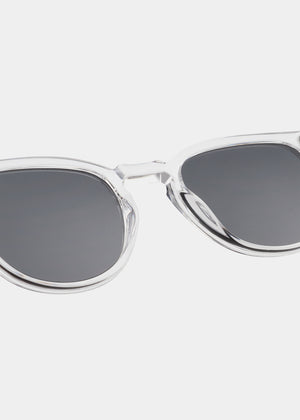 Clear frame sunglasses with dark lenses on a white background