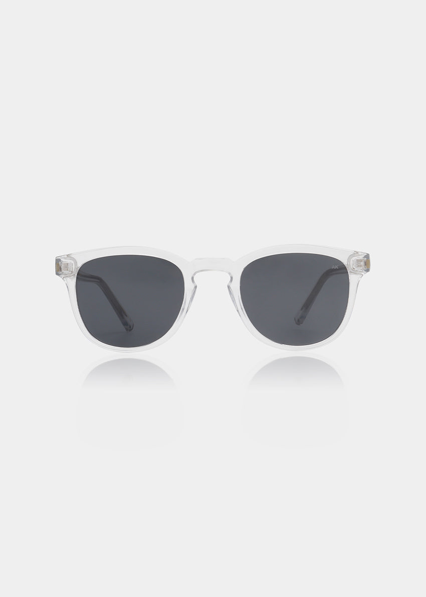 Clear frame sunglasses with dark lenses on a white background