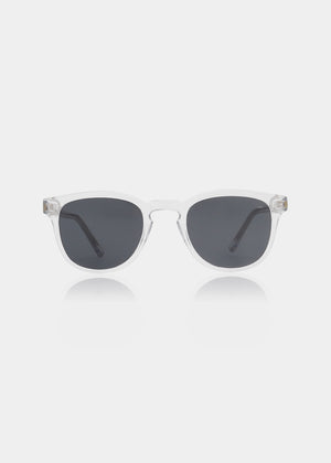 Clear frame sunglasses with dark lenses on a white background