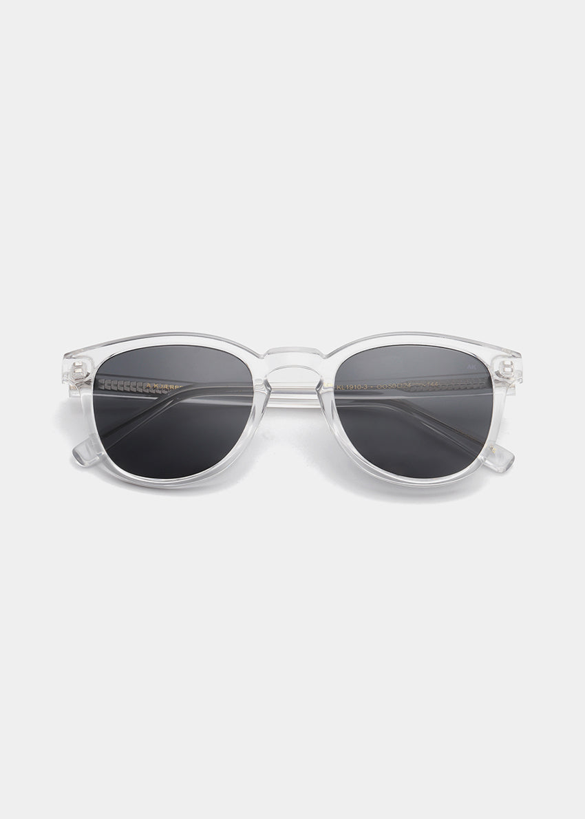 Clear frame sunglasses with dark lenses on a white background