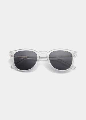 Clear frame sunglasses with dark lenses on a white background