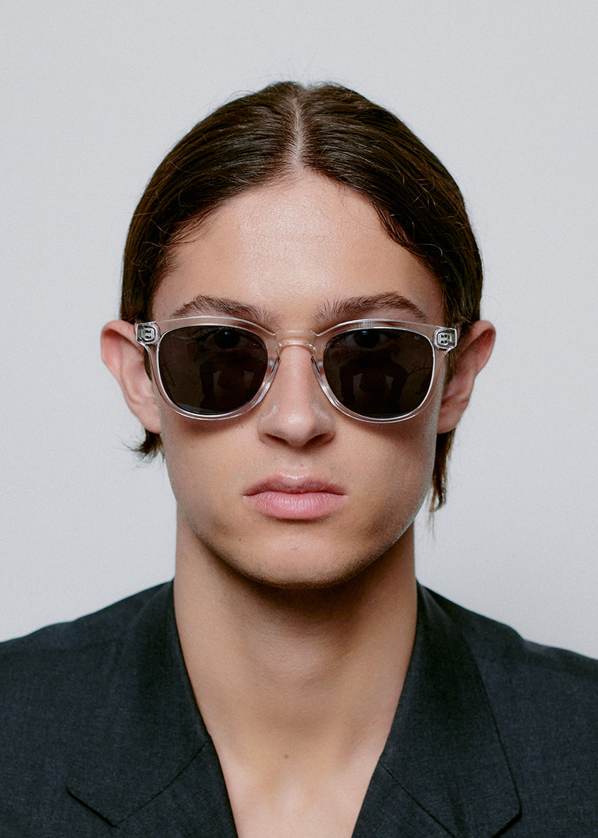 Person wearing dark sunglasses against a plain background