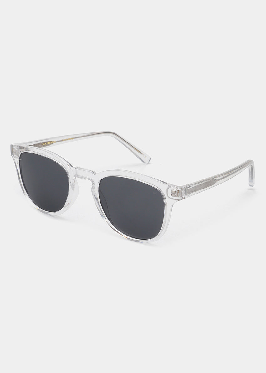 Clear frame sunglasses with dark lenses on a white background