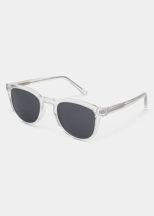 Clear frame sunglasses with dark lenses on a white background