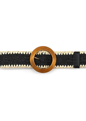 A black raffia belt with a wooden buckle and decorative edge, against a white background.