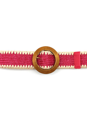 A pink raffia belt with a wooden buckle and decorative edge, against a white background.