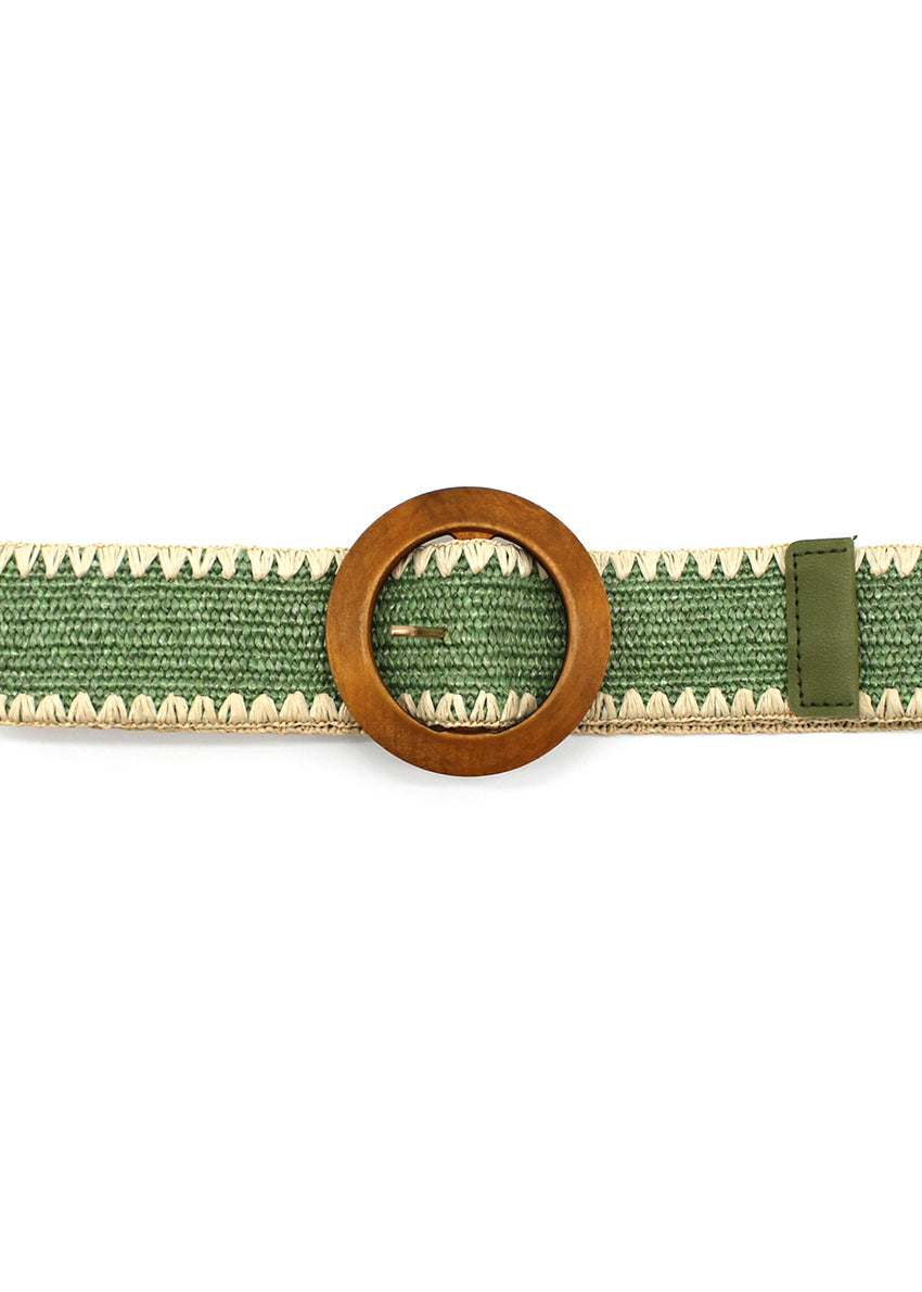 A green raffia belt with a wooden buckle and decorative edge, against a white background.