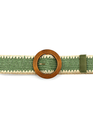 A green raffia belt with a wooden buckle and decorative edge, against a white background.