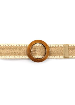 A tan raffia belt with a wooden buckle and decorative edge, against a white background.