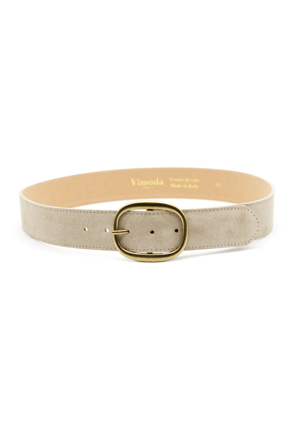 Beige belt with gold buckle on a white background