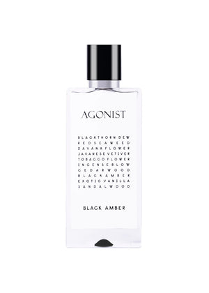 Perfume bottle labeled 'AGONIST Black Amber' on a white background