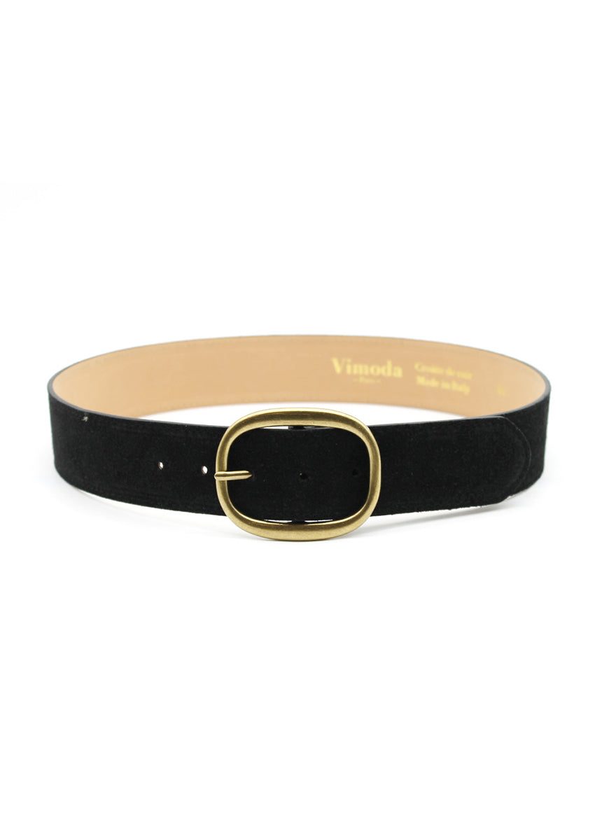 Black belt with a gold buckle on a white background