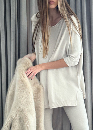 Boat neckline sweater - sweater with dolman 3/4 sleeves, ribbed trims, light texture, soft feeling, knitted poncho style, elegant, plain, casual and very easy to wear