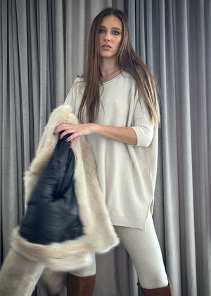 Boat neckline sweater - sweater with dolman 3/4 sleeves, ribbed trims, light texture, soft feeling, knitted poncho style, elegant, plain, casual and very easy to wear
