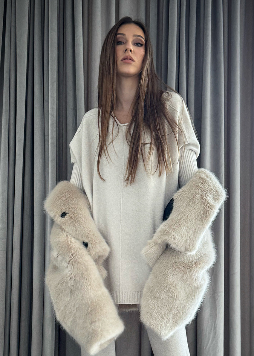 Boat neckline sweater - sweater with dolman 3/4 sleeves, ribbed trims, light texture, soft feeling, knitted poncho style, elegant, plain, casual and very easy to wear