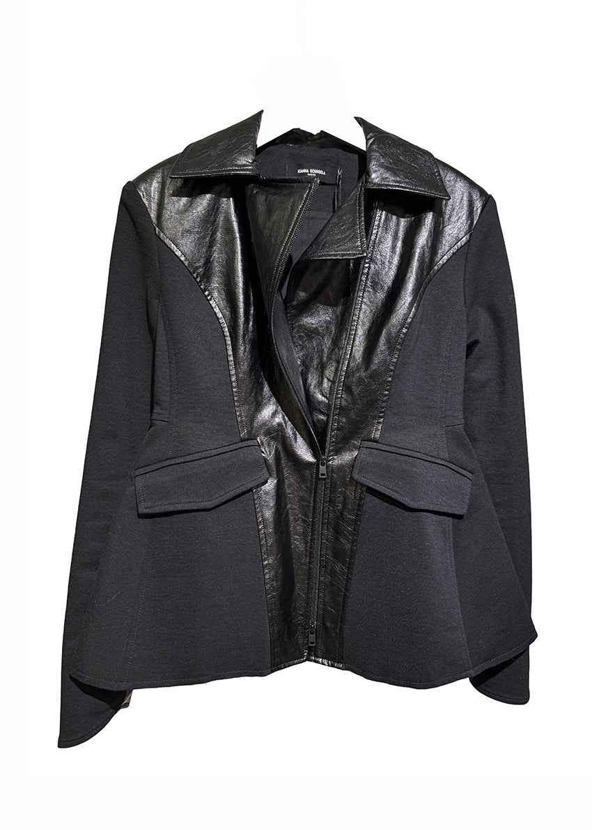 Black jacket with leather accents on a white background