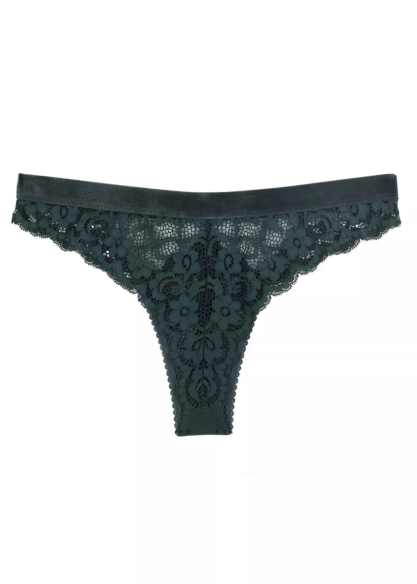 A black Brazilian green brief with floral lace detailing.