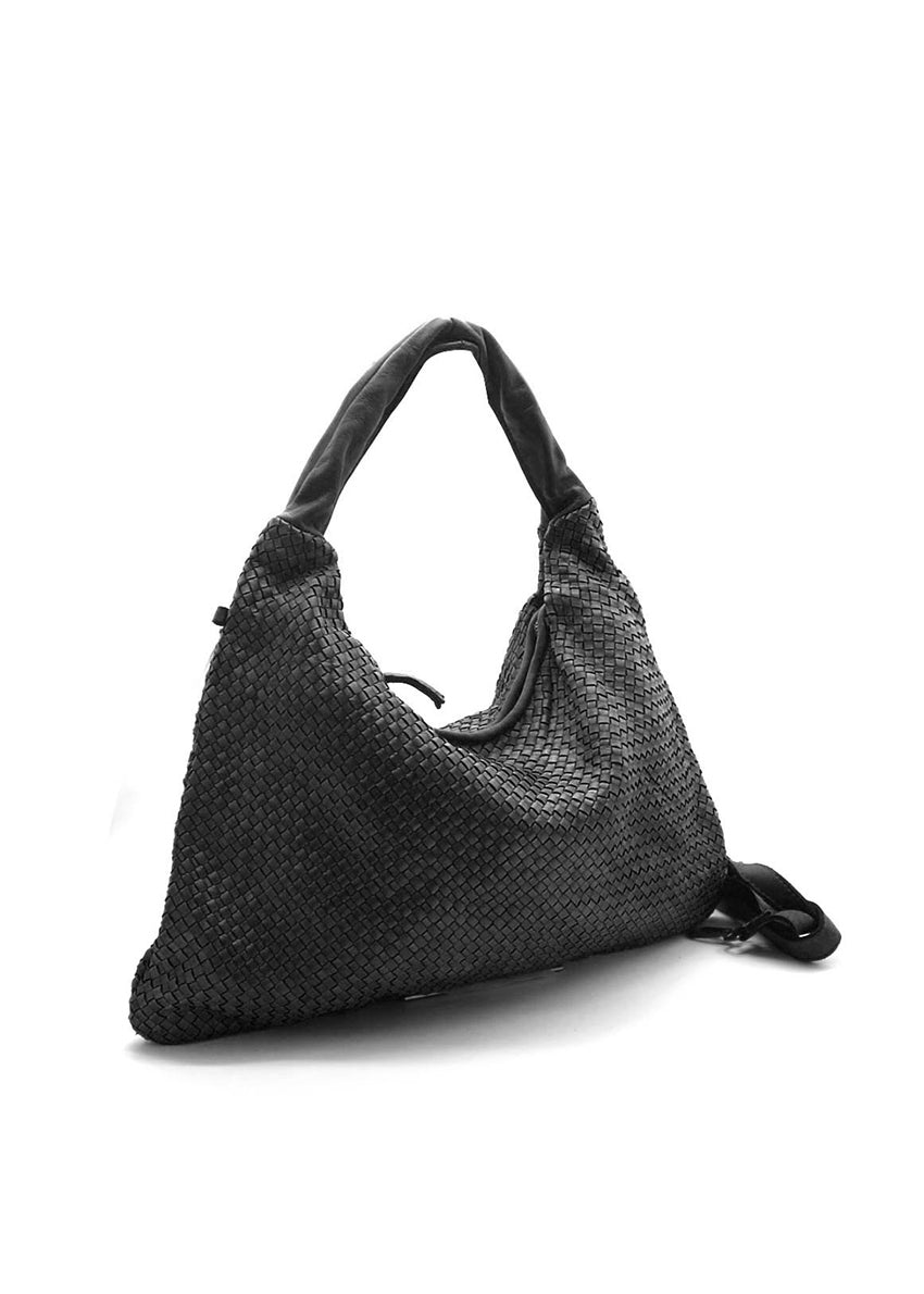 Hop Bag - Large leather tote with internal metallic zip fastening, zipped pocket, extra handle, and cotton lining. Dimensions: H30cm x L47cm