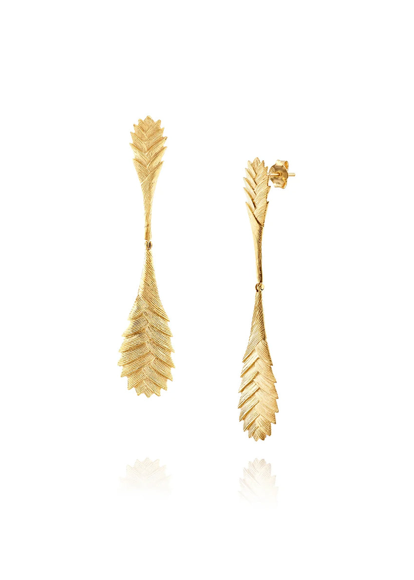 Gold leaf-shaped earrings on a white background