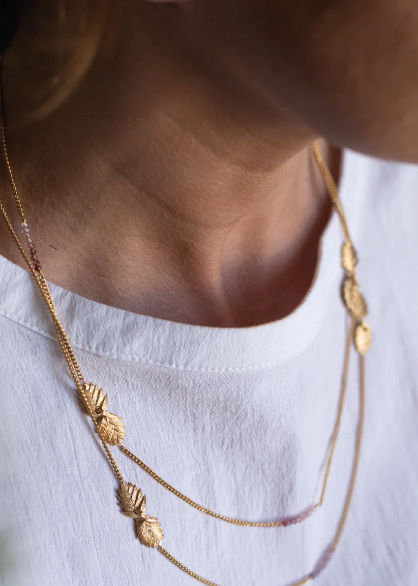 Close-up of a person wearing a gold necklace with leaf-like pendants on a white background