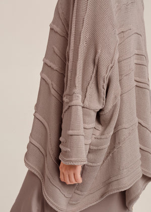 Close-up of a textured gray cardigan on a neutral background