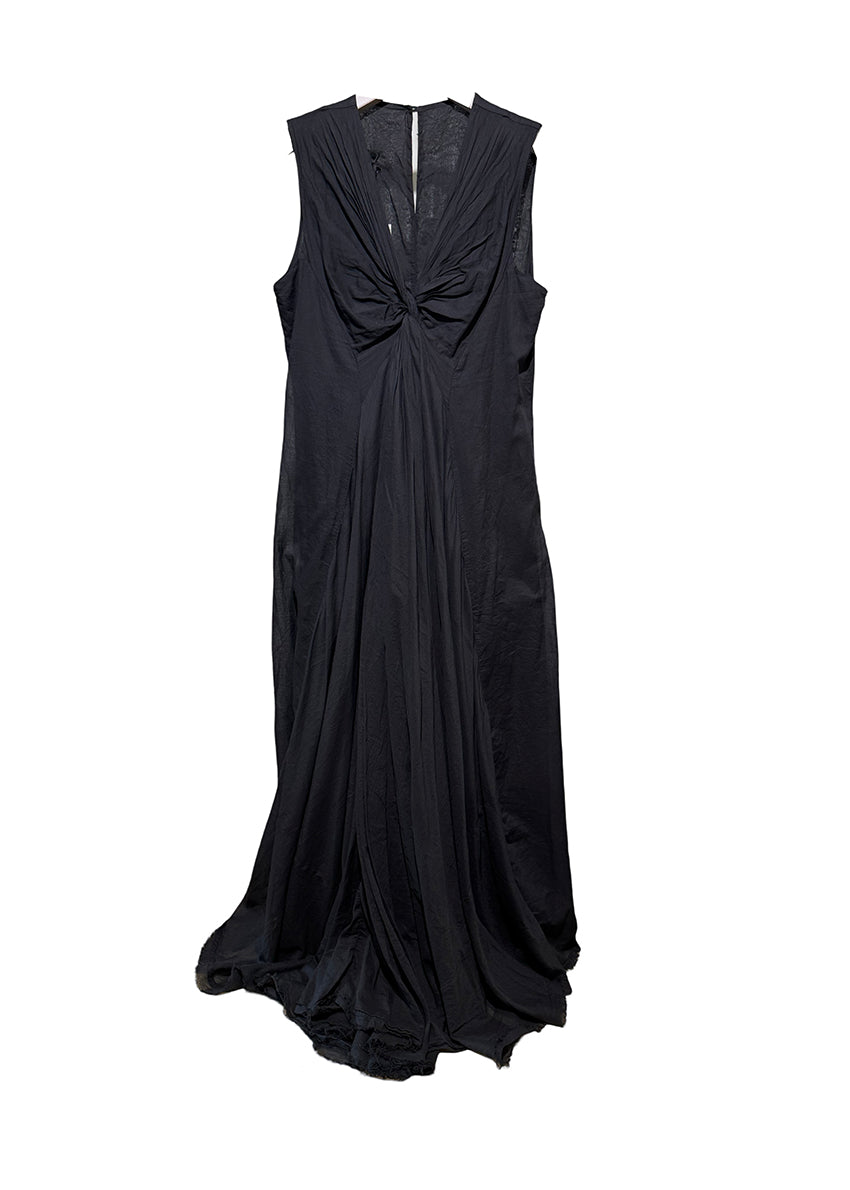 Black evening gown with a draped design on a white background