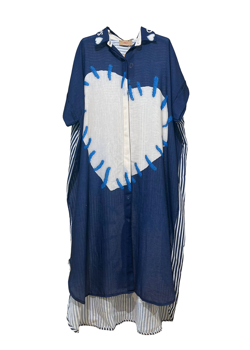 Navy blue shirt with white heart design on a white background