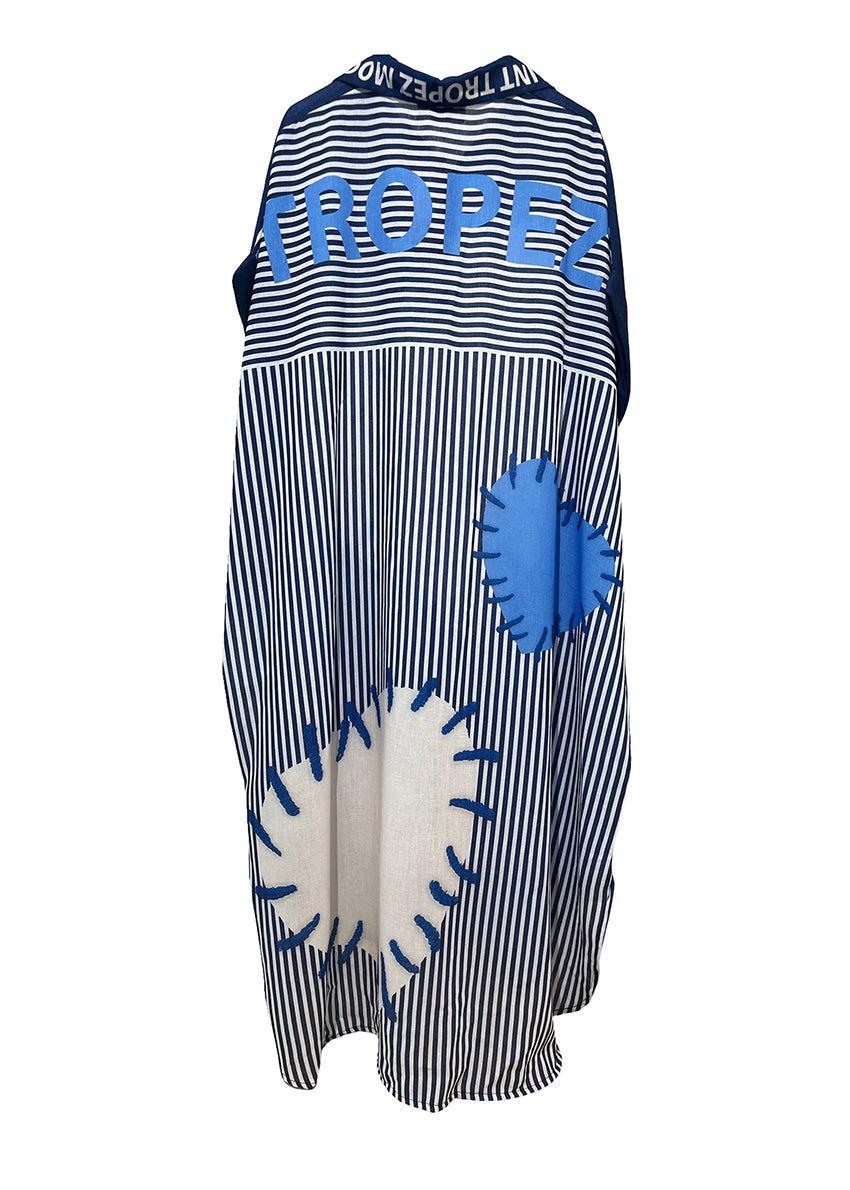 Striped shirt with blue accents and &#39;TROPEZ&#39; branding on a white background