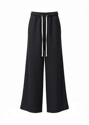 Black wide-leg pants with a drawstring on a white background