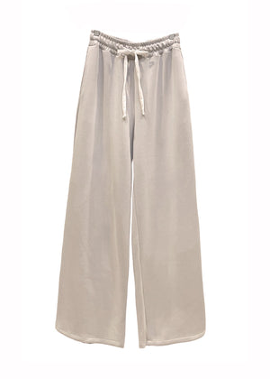 Beige wide-leg pants with a drawstring waist on a white background