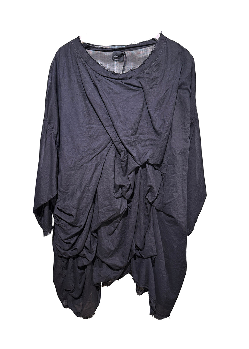 Asymmetrical, long black sleeve blouse in oversized fit, with large ruffles on the front side and round neck