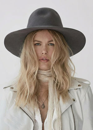 Person wearing a wide-brimmed gray hat and light-colored jacket on a plain background