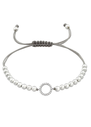 Adjustable corded bracelet with silver plating and cubic zirconia beads, with a loop closure.