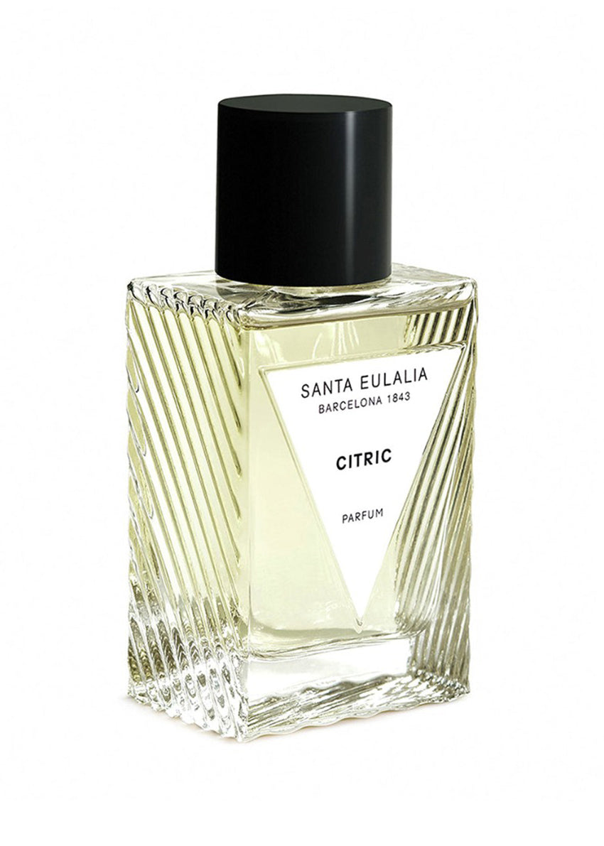 A clear glass bottle with a black cap, labeled 'Santa Eulalia Citric 180ml' with a graphic stripe pattern.