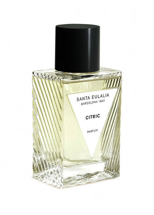 A clear glass bottle with a black cap, labeled 'Santa Eulalia Citric 180ml' with a graphic stripe pattern.