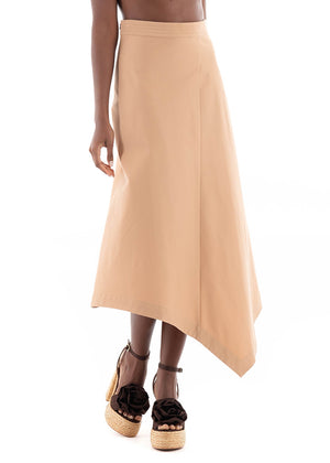 Midi high-waisted asymmetrical skirt in light cotton gabardine with a zipper closure, offering a comfortable fit. Ideal for stylish city looks.