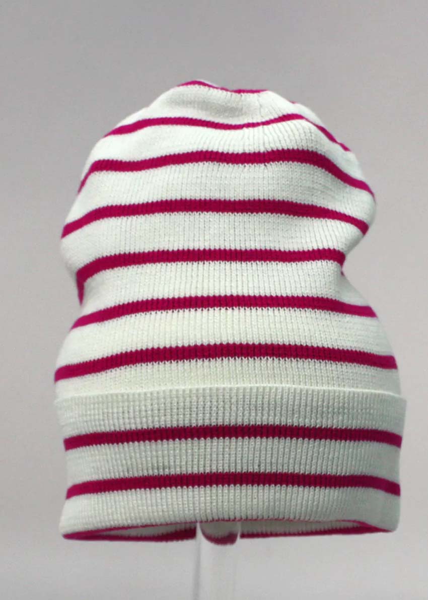 A striped cotton beanie hat with red and white colors.