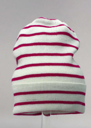 A striped cotton beanie hat with red and white colors.
