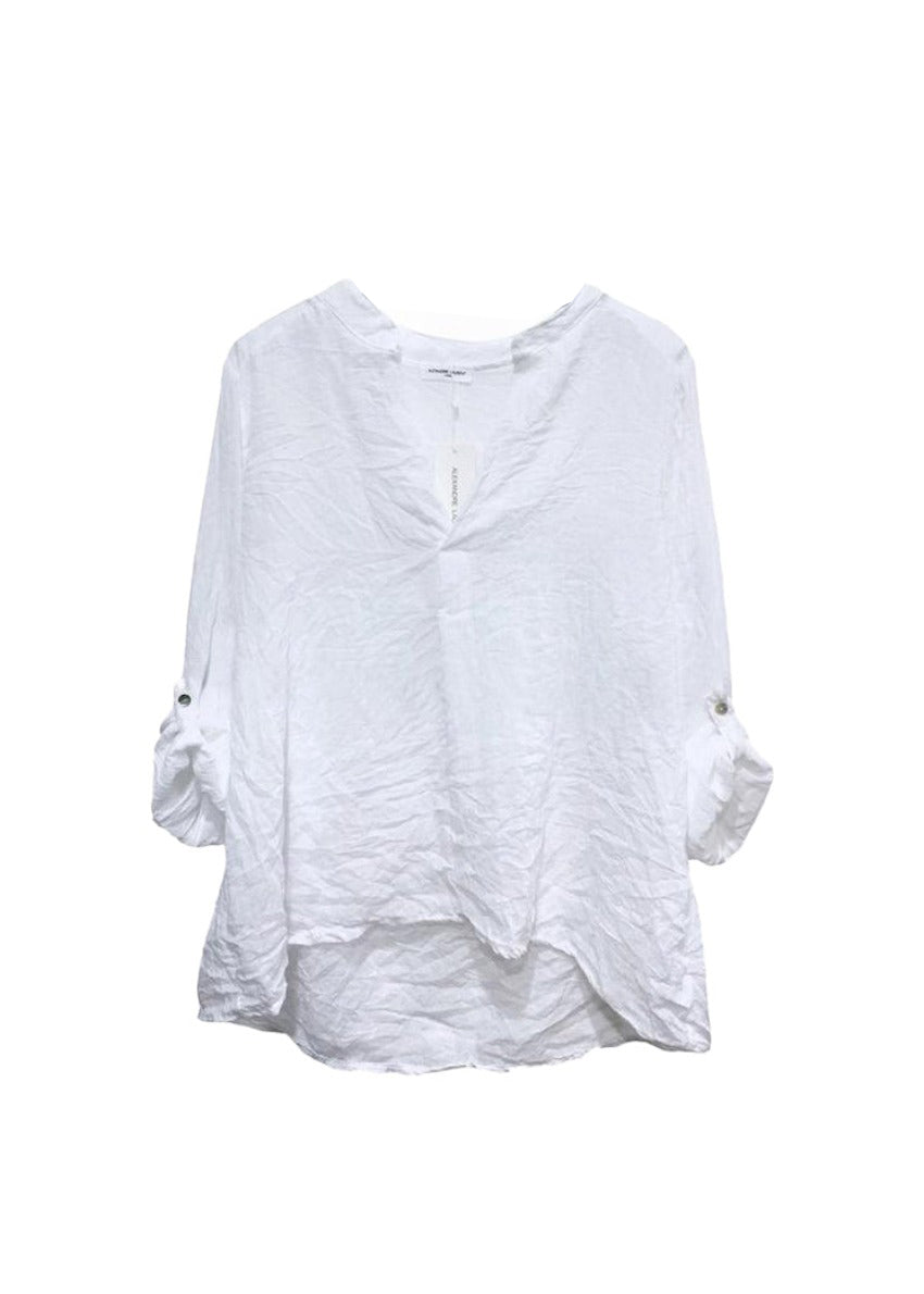 A person wearing a white shirt with black pants
