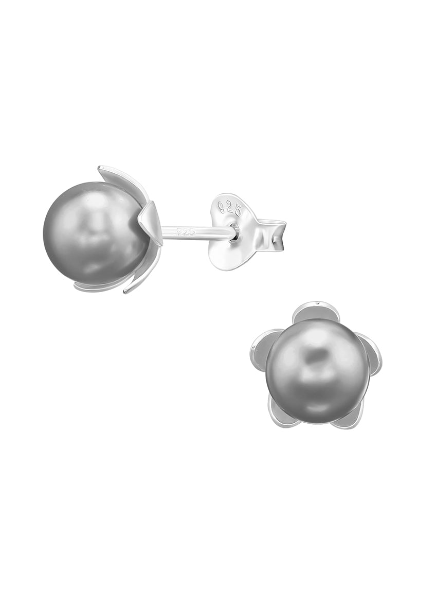 A pair of silver earrings with grey-colored flower-shaped pearls, against a white background.