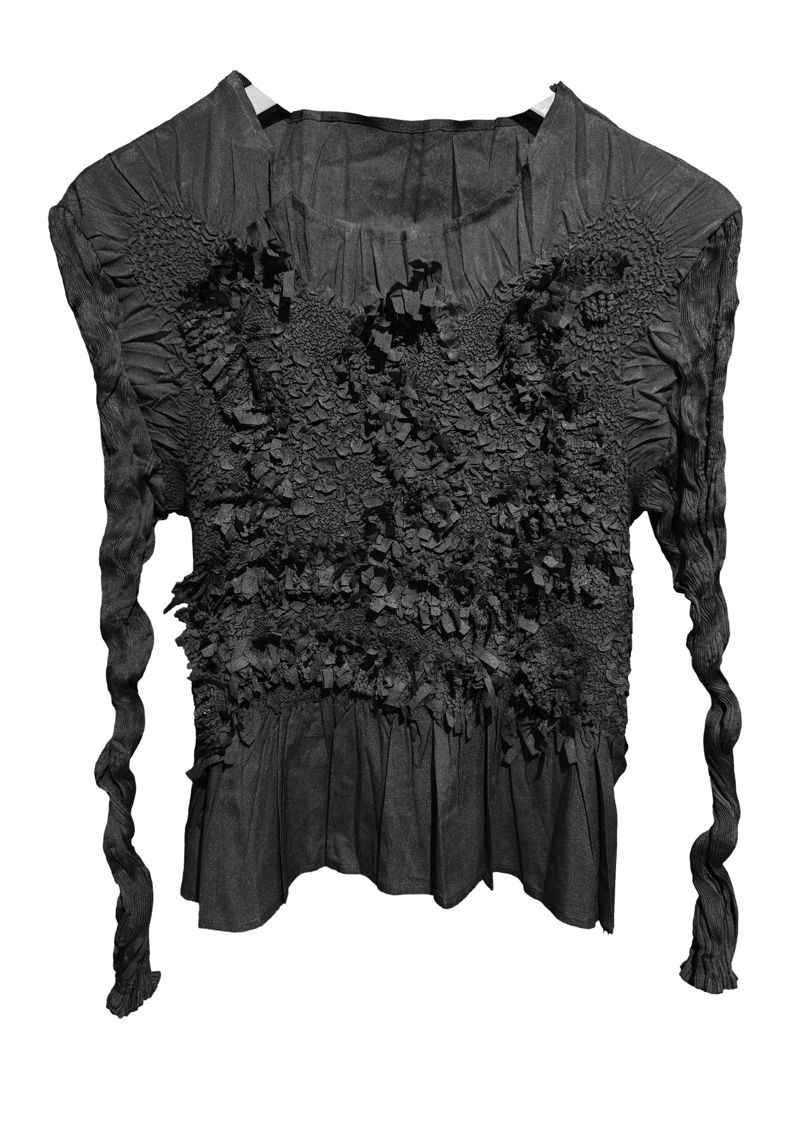 Black textured garment with braided sides on a white background