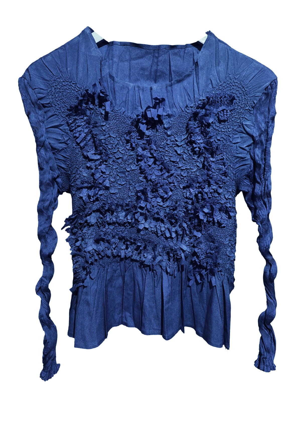 Blue textured top with long sleeves on a white background