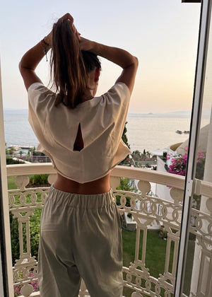 Person standing on a balcony overlooking a scenic view of water and buildings.