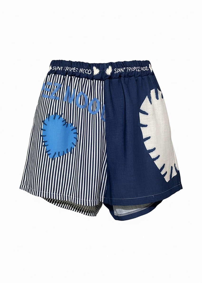 Shorts with a blue and white design on a white background