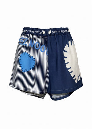 Shorts with a blue and white design on a white background