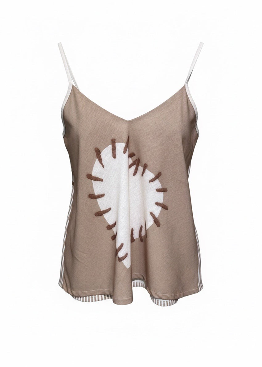 Beige tank top with a white heart in middle on a white background 