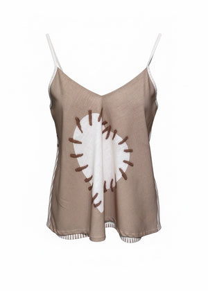 Beige tank top with a white heart in middle on a white background 