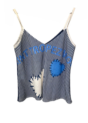 Striped tank top with blue text and graphics on a white background